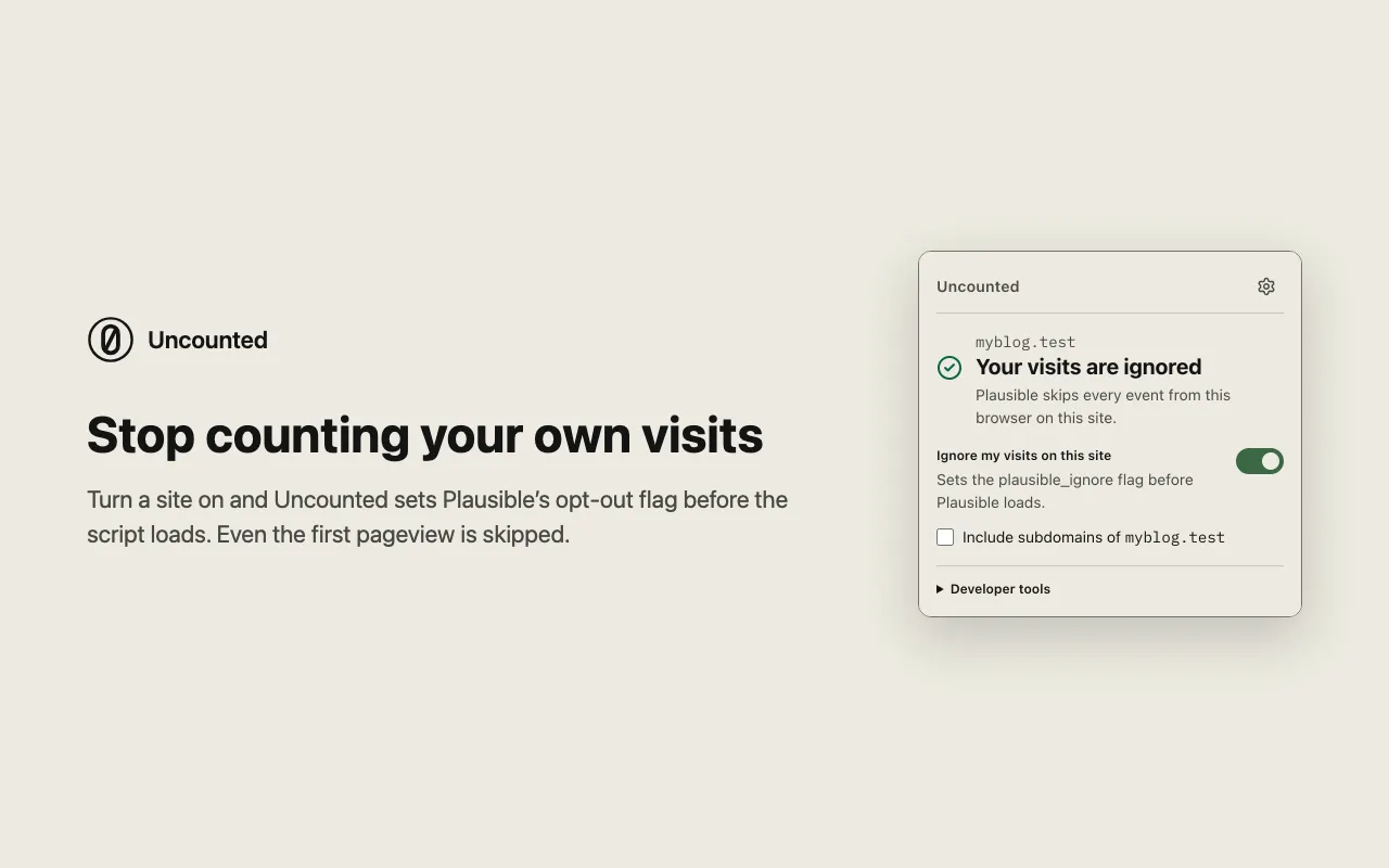 The Uncounted popup on myblog.test: "Your visits are ignored", a switch to ignore visits on this site and a checkbox to include subdomains